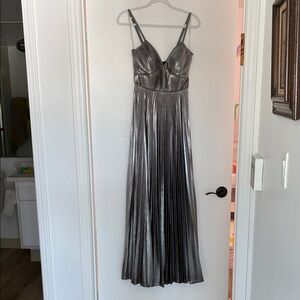 Pleated Metallic Evening Gown
